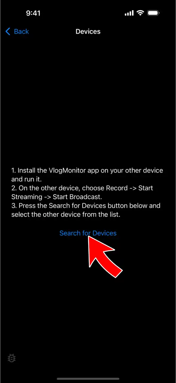 Tap Search for Devices in VlogMonitor